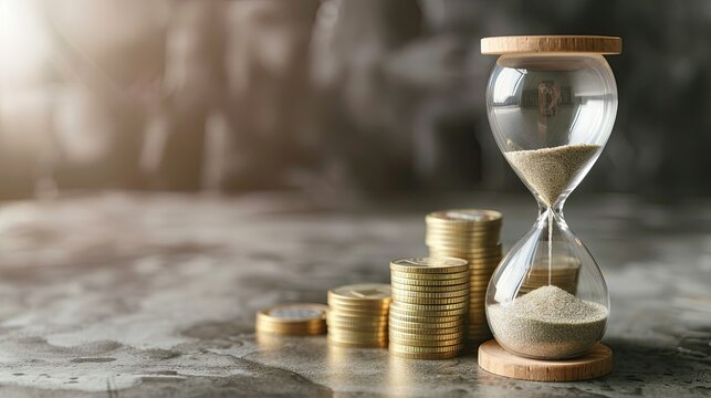 Increasing coin stacks and hourglass symbolizing time and money on a neutral surface