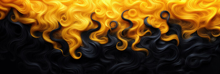 Swirling yellow and black strands create a mesmerizing abstract pattern, blending vibrantly and fluidly across the canvas.