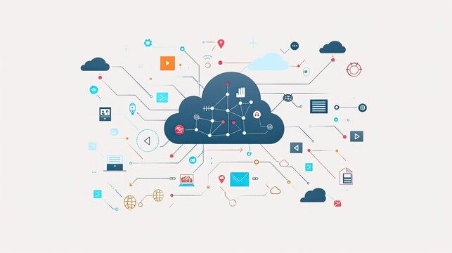 Minimalist depiction of cloud computing with floating icons and data connections