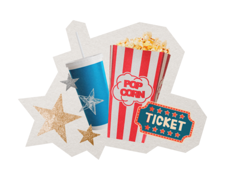 PNG popcorn movie tickets sticker with white border, transparent background