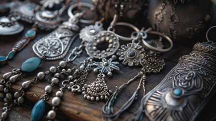 Obraz premium Mixed silver jewelry with detailed craftsmanship displayed together