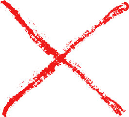Red cross mark. Paint brushed crayon symbol of check. Hand drawn grunge sign of check, stamp of false and ban. Danger graffiti graphic logo