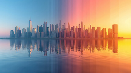 Obraz premium City skyline reflecting on calm water, transitioning from a blue sky to a warm sunset, creating a gradient of colors.