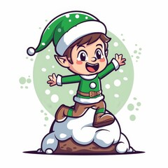 A cartoon elf is jumping on a pile of snow