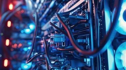 Server Racks with Glowing Blue and Red Lights