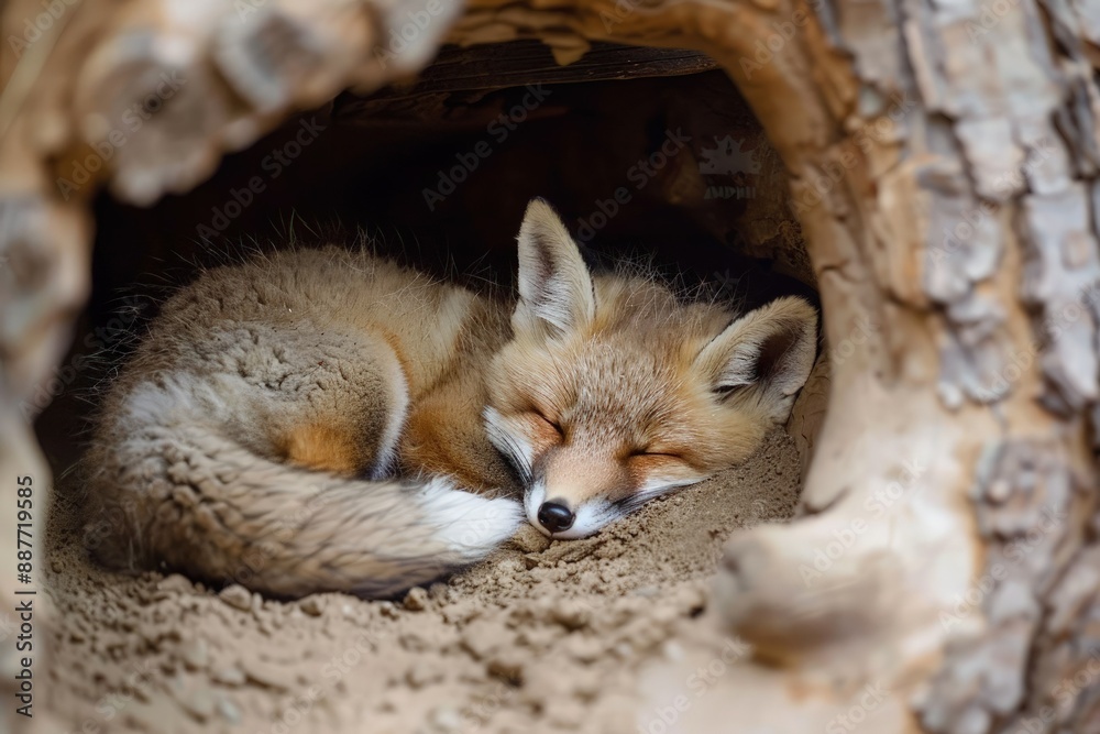 Wall mural a sleeping fox curled up in a hollow