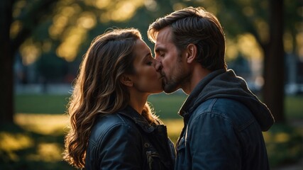 Fototapeta premium Man and woman sharing a romantic kiss in a sunlit park, capturing a tender and loving moment amidst nature. 