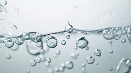 Clear water bubbles rise in liquid creating abstract patterns, capturing beauty of underwater elements and purity concept