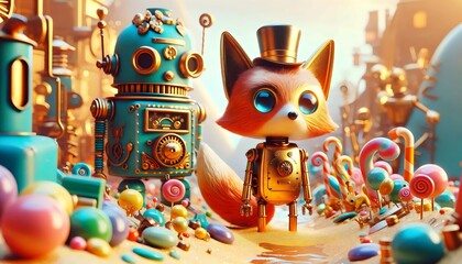 Fototapeta premium Robots Retro: Aventuras Mecánicas, Fotografía Hiperrealista, Ilustración 3D, personajes de hojalata