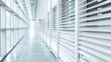 A long hallway with white walls and windows on one side