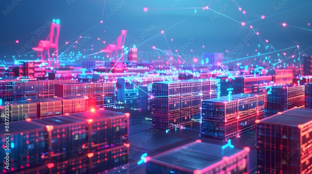 Poster a logistics hub where managers optimize inventory levels and streamline distribution networks using 