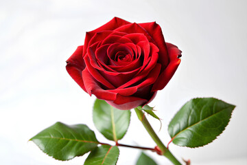 Red rose flower on stem with leaves on white background