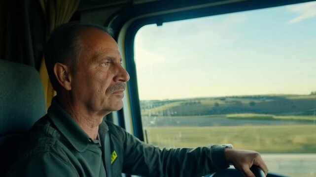 Slow motion portrait of adult man truck driver mini job work and profession, logistics and transport in road traffic, transport