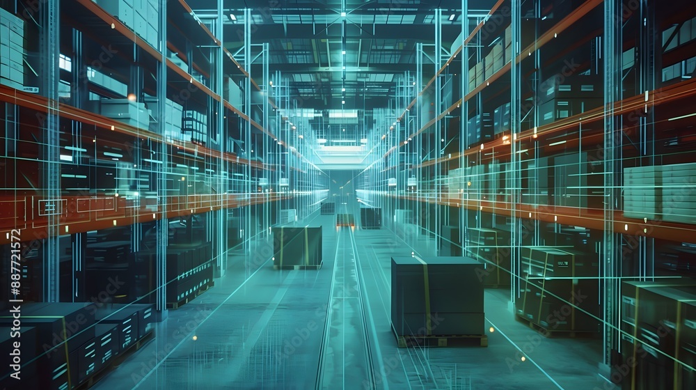 Poster a logistics hub where managers optimize inventory levels and streamline distribution networks using 