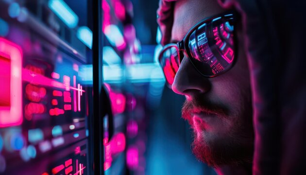 Cybersecurity warriors monitoring digital data streams, protecting the virtual realm against threats, under the glow of neon lights