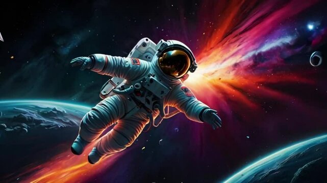 A cosmonaut, in the midst of vast darkness, reaches out towards a gleaming satellite orbiting above. The cosmonaut, with a weathered space suit adorned with colorful patches 