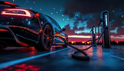 Obraz premium Electric vehicles lined up at a charging station, glowing under the starry night sky, a symbol of the future of transportation