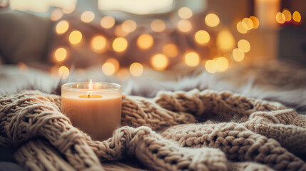 Cozy Home Atmosphere with Warm Candlelight and knitted throw