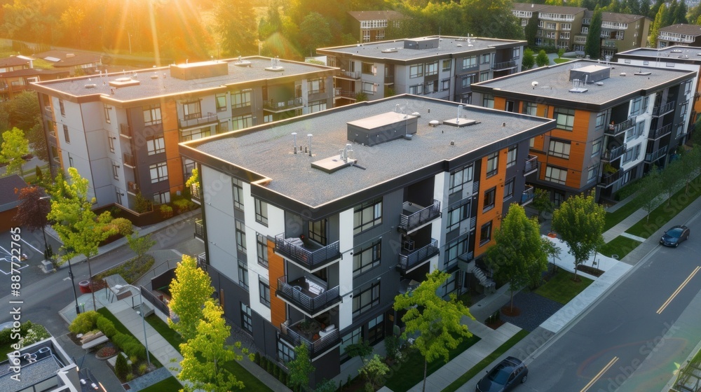 Poster an aerial view of a modern apartment complex, with the setting sun casting a warm glow over the buil