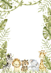 Safari watercolor hand-drawn illustration, frame with baby elephant, lion, tiger, zebra, giraffe and tropical leaves, creeper for kids