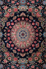 Obraz premium pattern of persian carpet, traditional floral shapes in black blue red and beige colors, silk knoting, fine wool, muslim motifs, arabesque design, photorealistic // ai-generated
