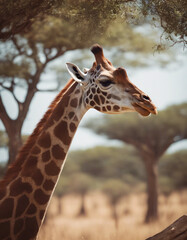 Obraz premium A giraffe feeding on treetops in the savanna, midday sun 