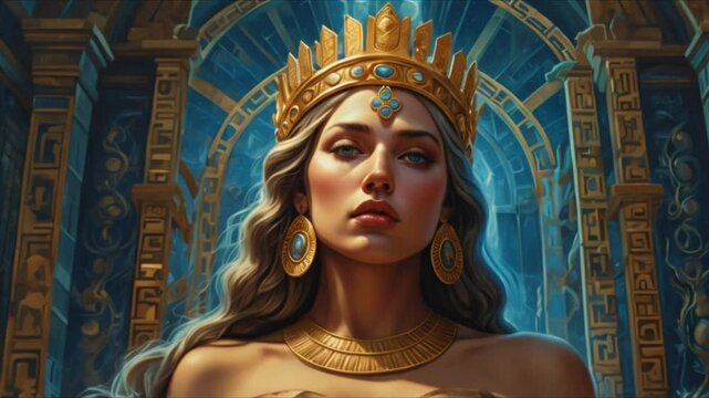 Hera is a powerful and beautiful goddess in Greek mythology. Her flowing robes shimmer with gold threads, and her gaze exudes authority and wisdom. Her crown is decorated with symbols of her divine