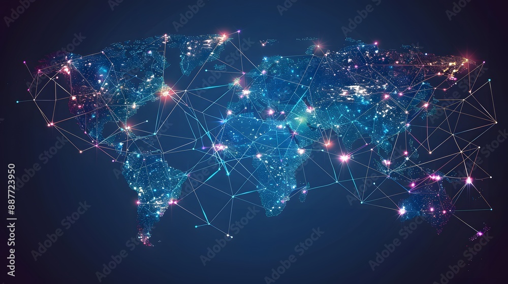 Poster global map with interconnected nodes delivering content worldwide, enhancing speed and reliability f