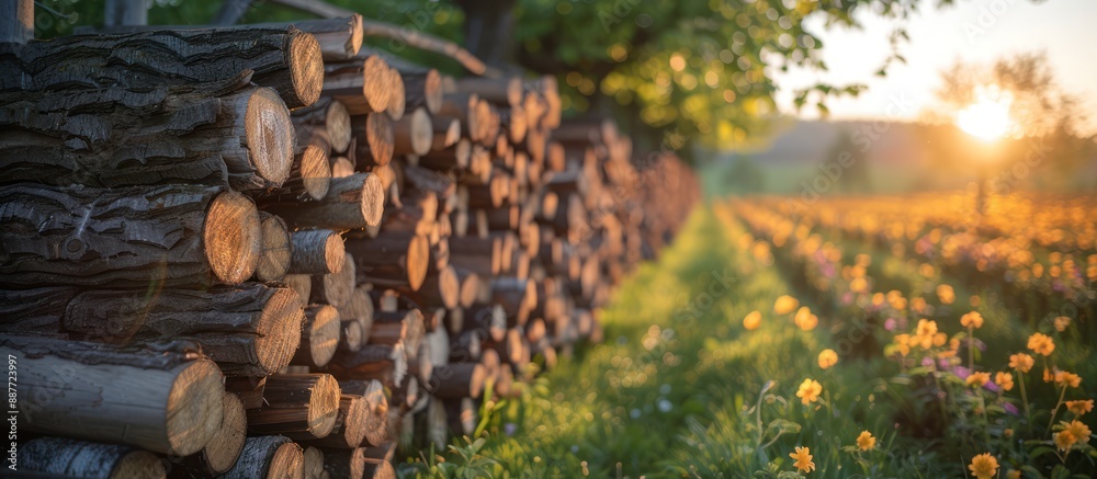 Wall mural Sunlit Woodpile and Field of Flowers