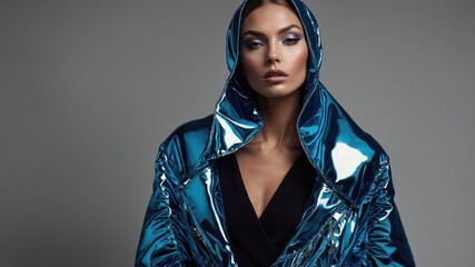Portrait of a woman wearing a metallic blue hooded jacket, posing confidently against a plain background.
