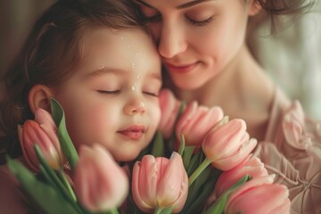 An intimate close-up of a mother and her young child exchanging a heartfelt hug on Mother's Day. The child holds a bouquet of flowers, symbolizing love and care. The mother eyes are filled with tears