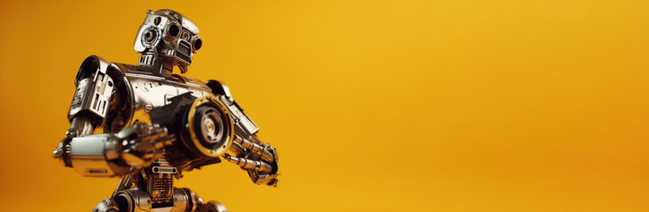 Robot, artificial intelligence, takes pictures with a camera, the concept of Photographer Day. AI generated.