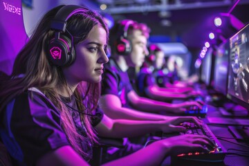 Training bootcamp for professional esports players. Young cyber-athletes play an online shooter game. Glowing keyboard, neon light.. Beautiful simple AI generated image in 4K, unique.