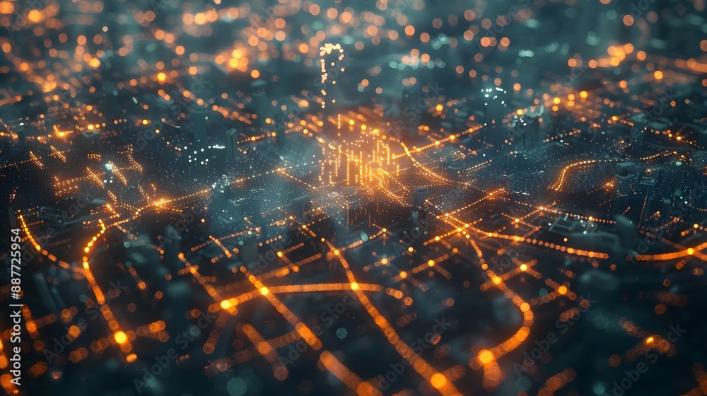 Poster a digital cityscape with glowing pathways and nodes illustrating the intricate layout and connection