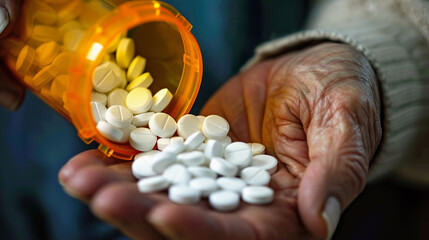 elderly hand pouring white pills from orange bottle, close view