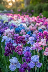 Obraz premium A vibrant garden filled with colorful iris flowers in full bloom, showcasing a stunning display of purple, blue, and pink hues.