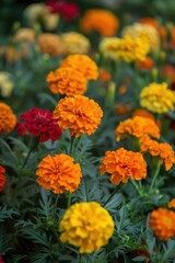 A garden filled with vibrant marigold flowers in full bloom, showcasing bright orange, yellow, and red hues.