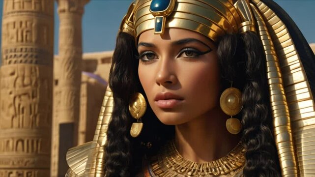 A regal Cleopatra, alluring and powerful, wears gold jewellry, has wise and charming eyes, and ebony hair. The headdress, still majestic despite its weathered state, reflects the queen's legacy.