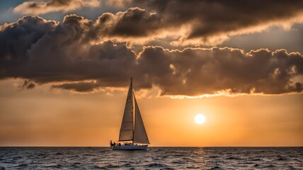 Calm sea, Sailboat sailing far away, Generative AI