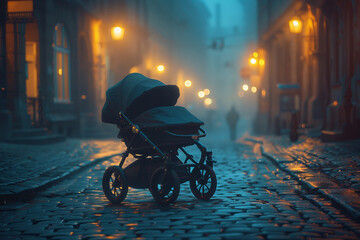 Cute small baby in buggy stroller carriage promenading with mommy happy childhood, Generative AI
