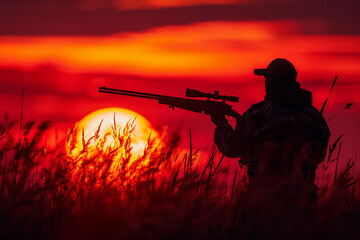 Hunter male female shooting from rifle gun in woods safari hunting season, Generative AI