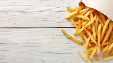 Delicious french fries in paper box on white wooden table with copy space for text