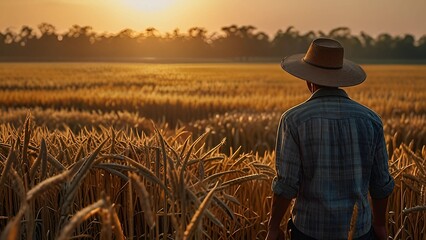Rural Idyll: A rustic scene of a farmer surveying their bountiful wheat field at golden hour, capturing the essence of tranquility and the simple joys of rural life.