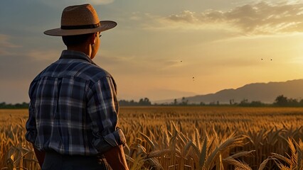 Rural Idyll: A rustic scene of a farmer surveying their bountiful wheat field at golden hour, capturing the essence of tranquility and the simple joys of rural life.