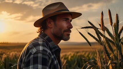 Rural Idyll: A rustic scene of a farmer surveying their bountiful wheat field at golden hour, capturing the essence of tranquility and the simple joys of rural life.