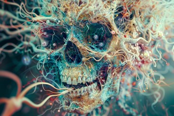 Skull with colorful neural network dynamic and intricate design digital fantasy art captivating and surreal scene imaginative and bold expression