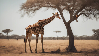 Obraz premium A giraffe feeding on treetops in the savanna, midday sun 