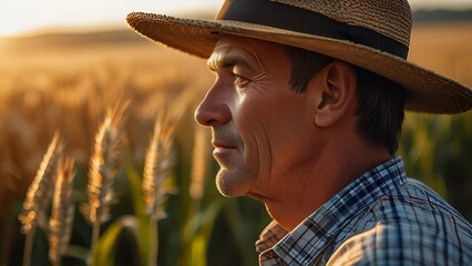 Rural Idyll: A rustic scene of a farmer surveying their bountiful wheat field at golden hour, capturing the essence of tranquility and the simple joys of rural life.