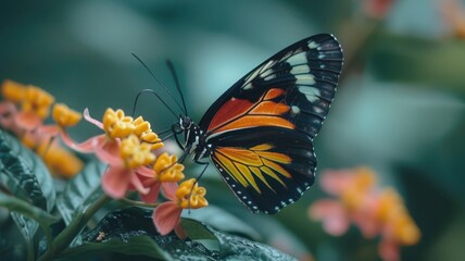 A vibrant butterfly perched on a colorful flower showcasing its intricate wing patterns and the beauty of nature in a close-up shot.