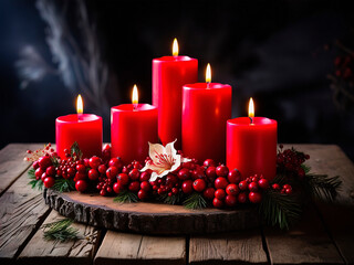 Christmas candles,Red candles with red berries on wooden table,candles are decorated with red berries and flowers dark background